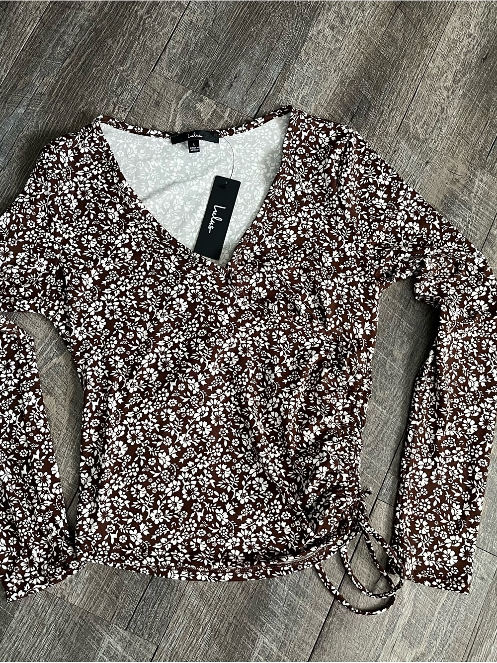 Lulu's Brown & White Floral Wrap Long-Sleeve Top
